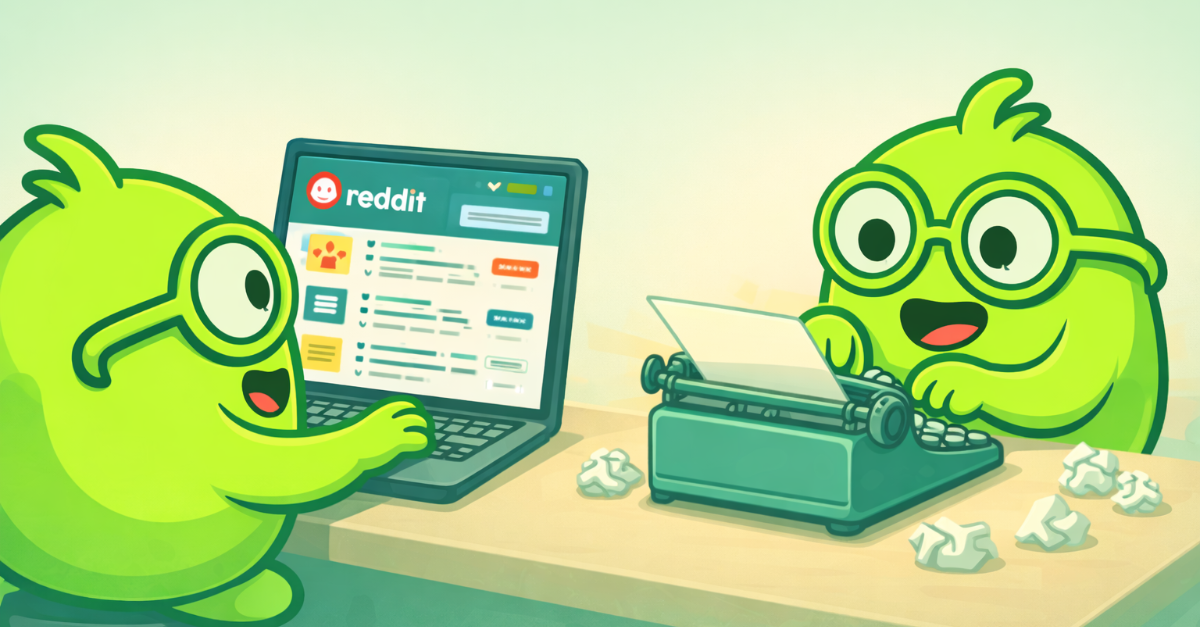 A Content Research BOB browses Reddit while a Blog BOB types on a classic typewriter