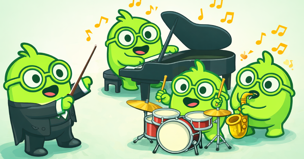 A conductor BOB directs a band of BOB musicians