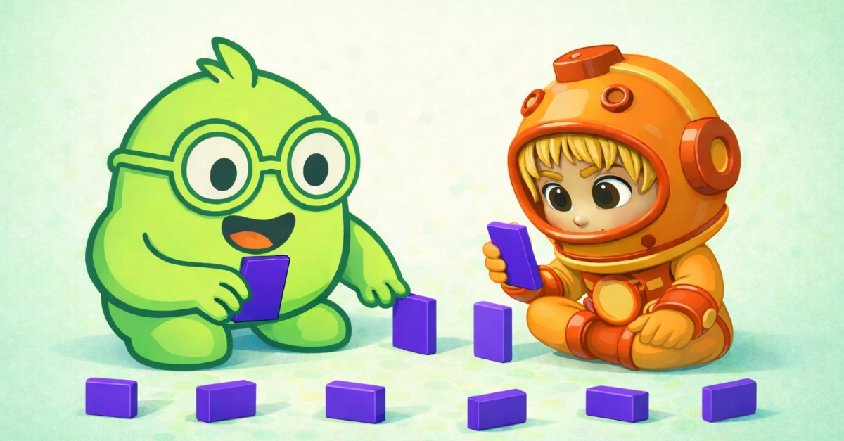 BOB and an orange astronaut plays dominoes with purple tiles.