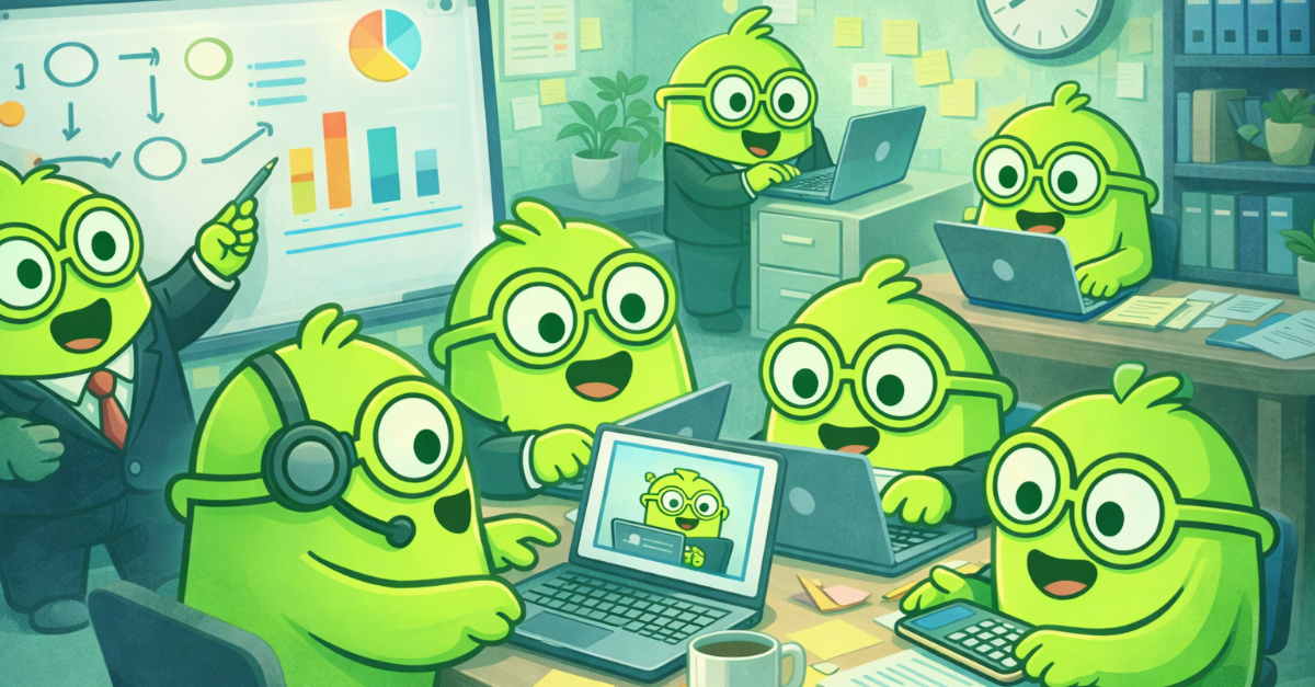 A group of BOBs collaborating in a small office space