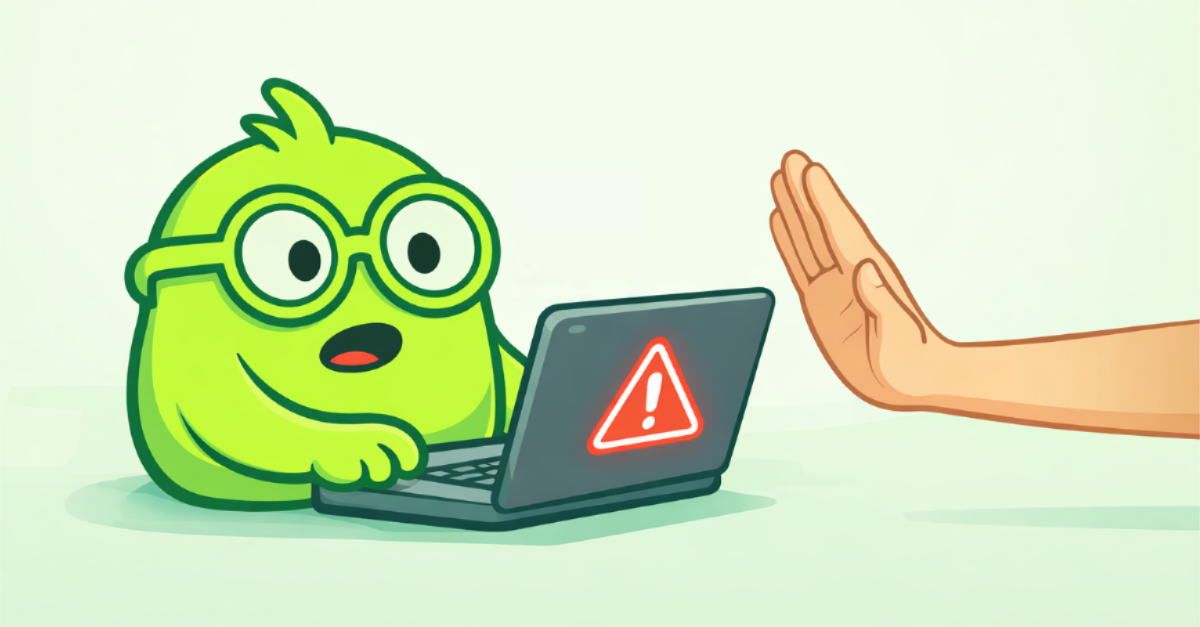 A BOB looks surprised as a human hand makes a STOP gesture.