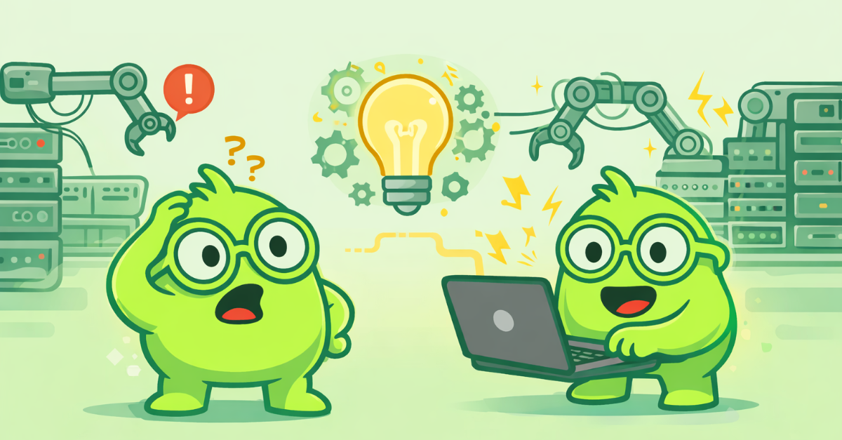 A BOB looks confused at an intricate automation setup, while another BOB is happily working on a laptop